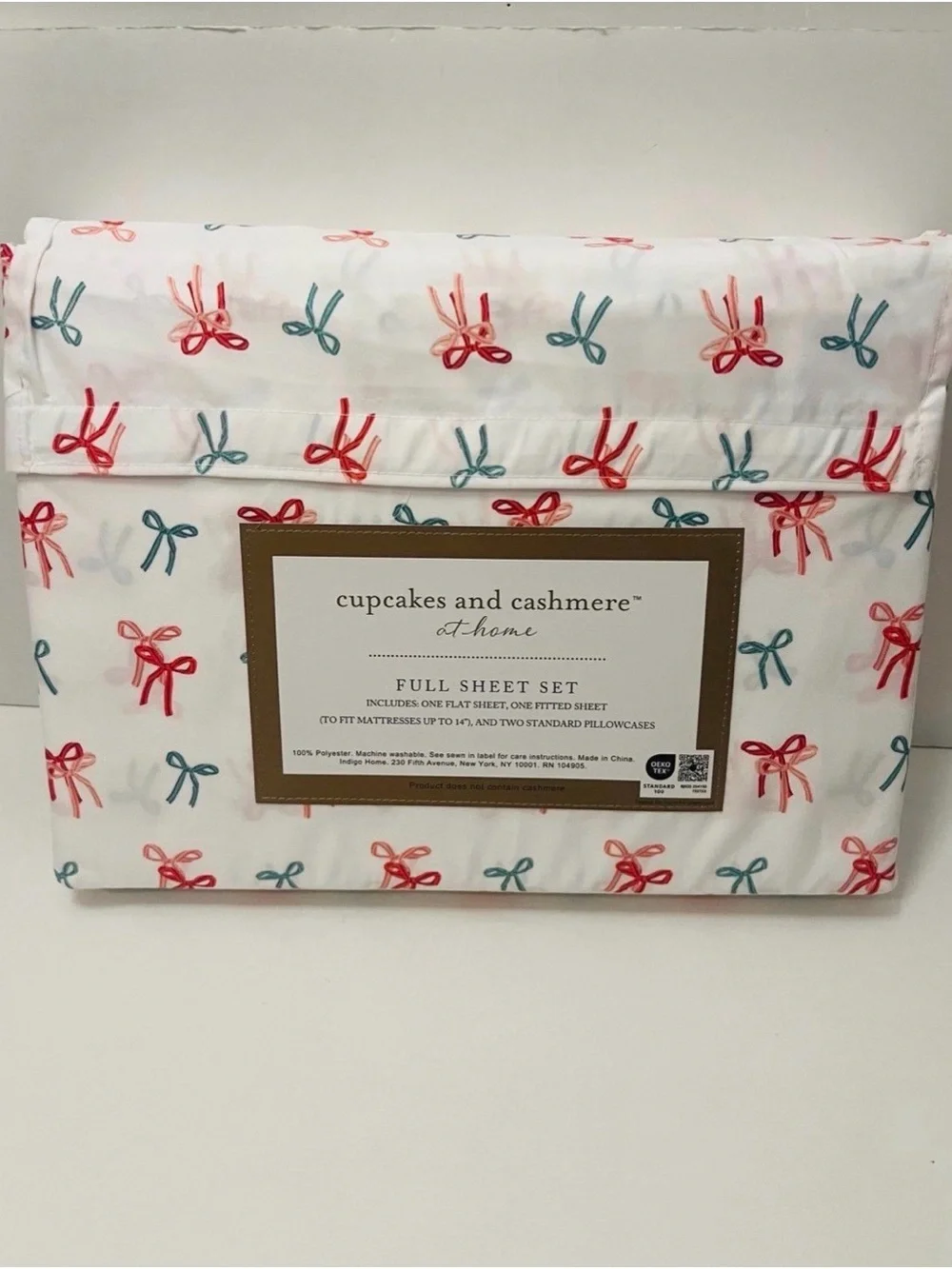 Cupcakes and Cashmere Home Full Size Sheet Set Twin Stripe Bows White Red Green